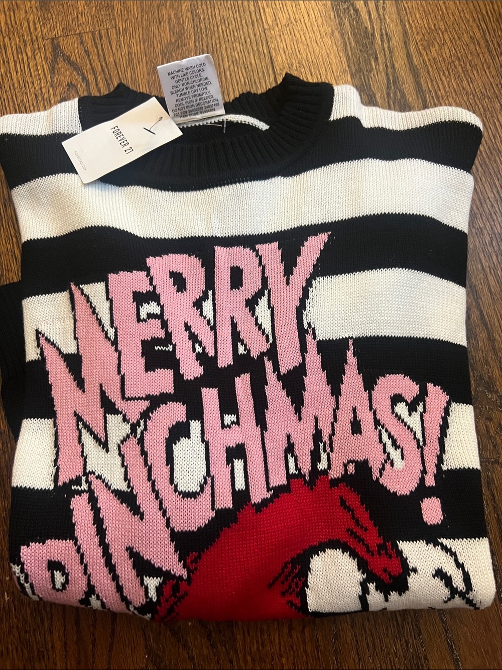 Forever 21 Black & White Striped Grinch Graphic Crewneck Sweater with Pink Text - Picture 5 of 5